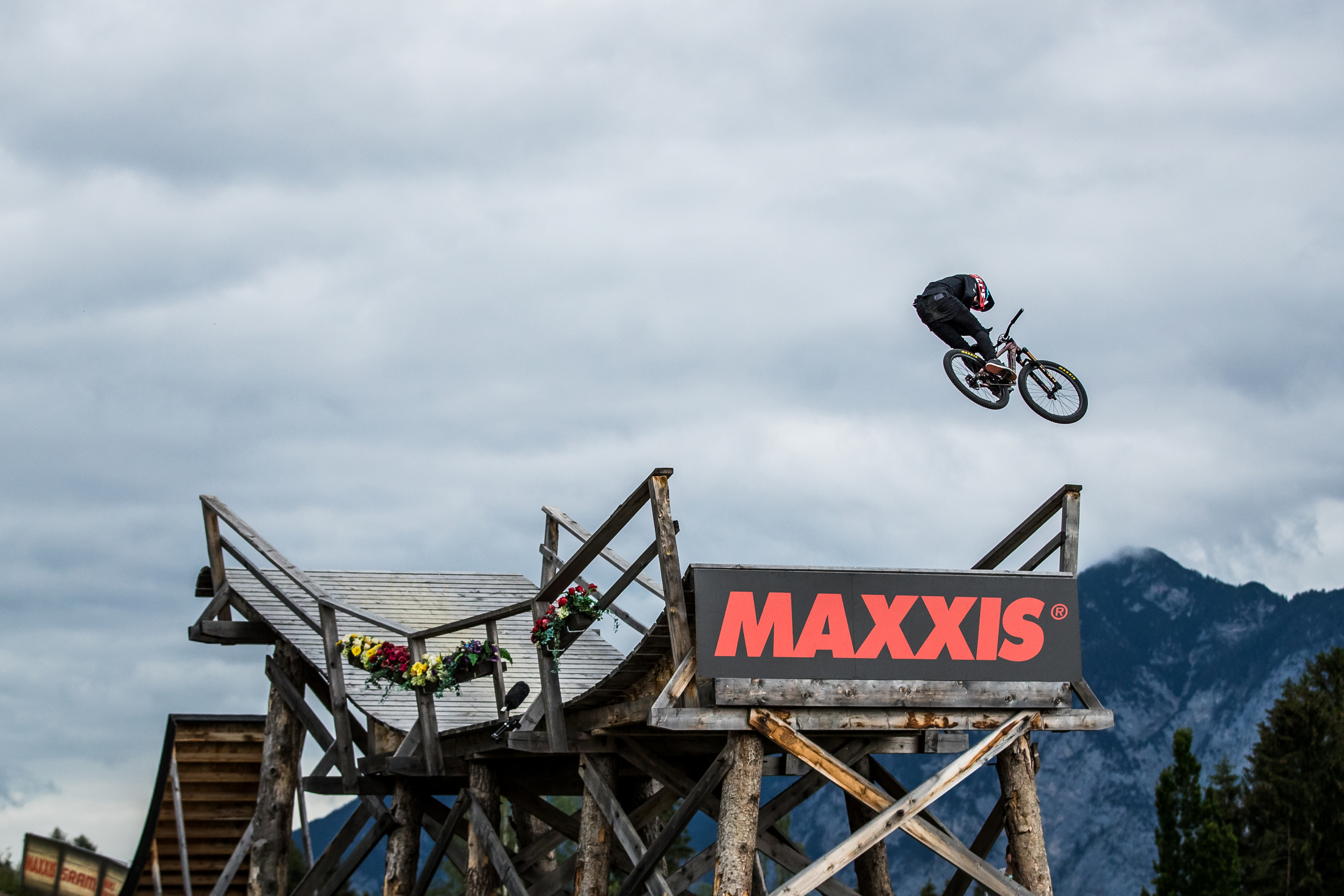 Brett Rheeder with his bar spin variation of a three-sixty on the step down. Crankworx Innsbruck 2019.