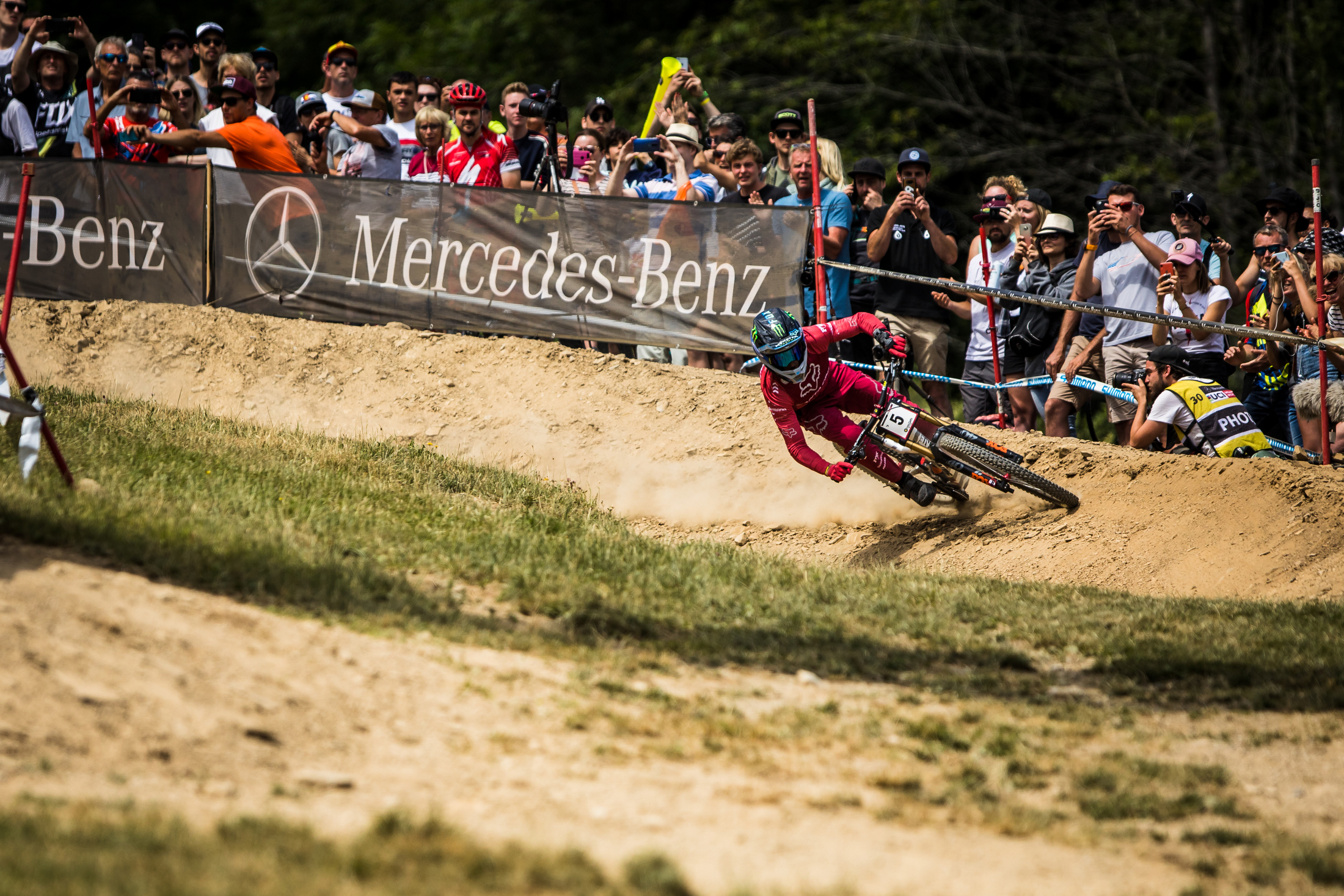Loris Vergier carries a ton of speed into the final bermed corner.