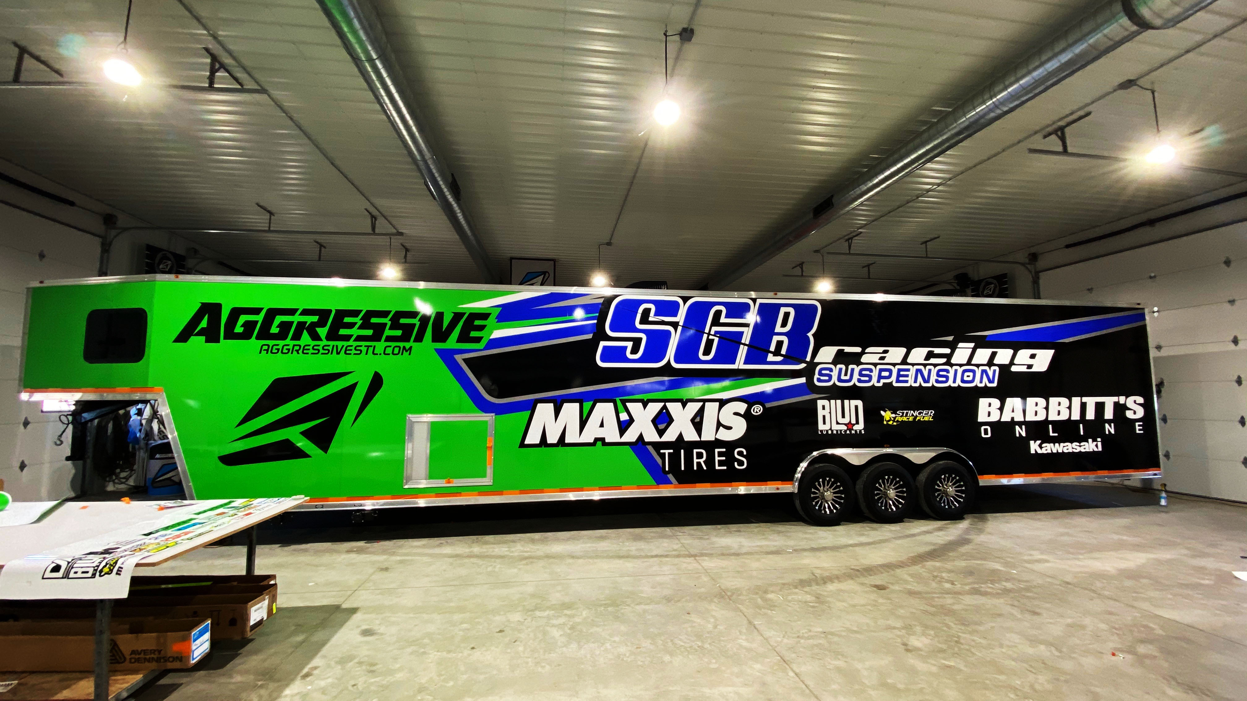 Team hauler being prepped at AGMX Graphics