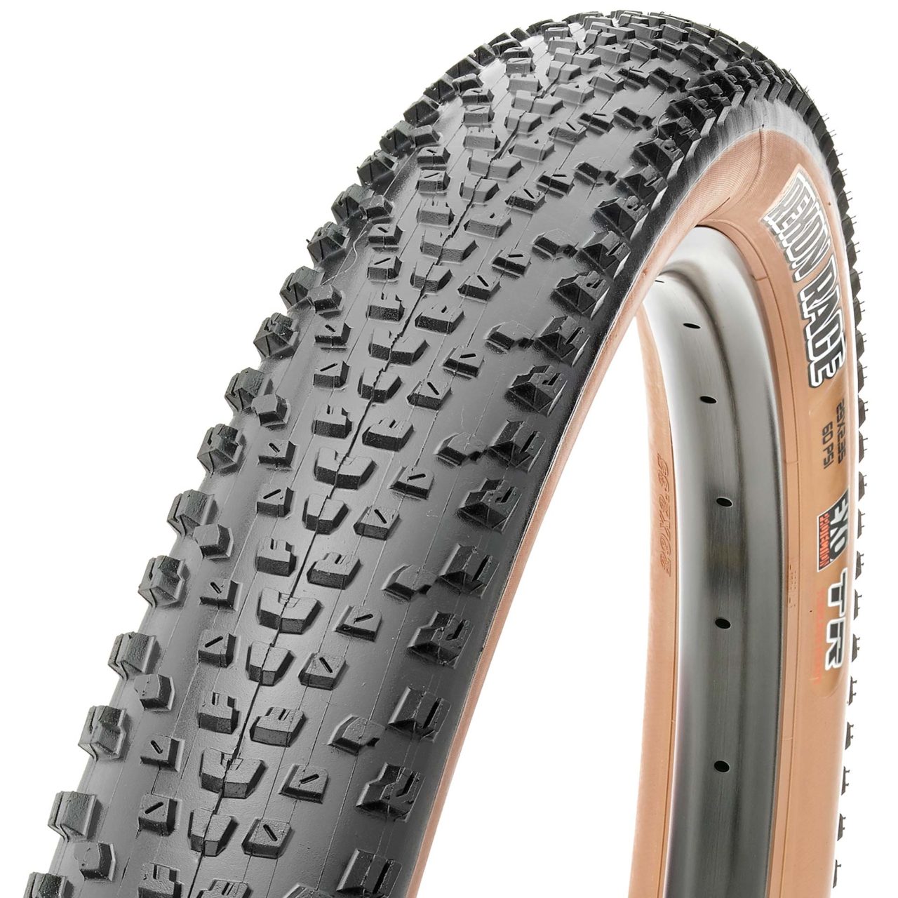 Maxxis Rekon Race bicycle tire with tan sidewall