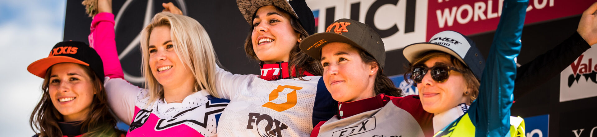 Marine Cabirou on World Cup Val di Sole podium.