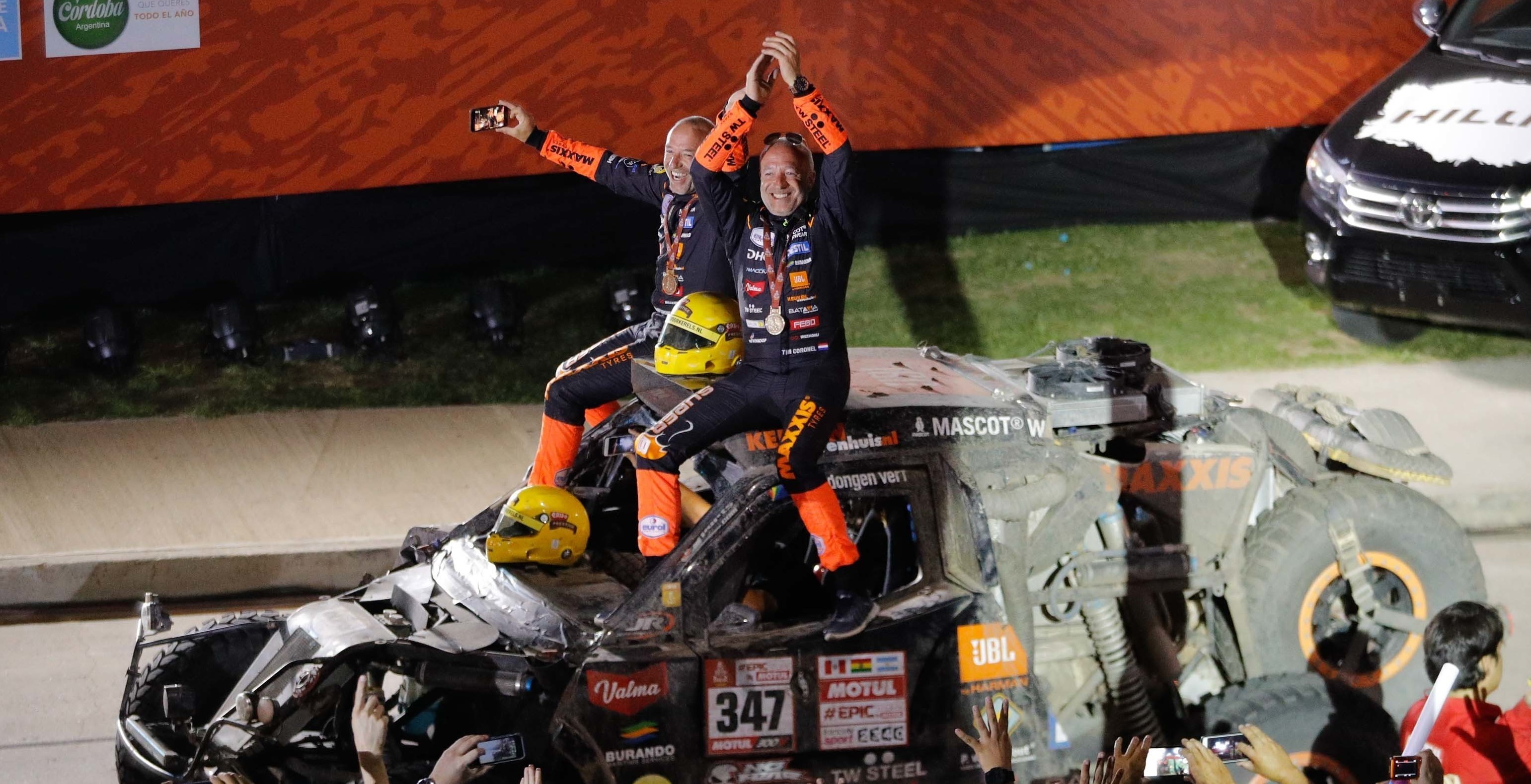 Celebrations at the finish line for the Coronel brothers and Maxxis at the 2018 Dakar Rally