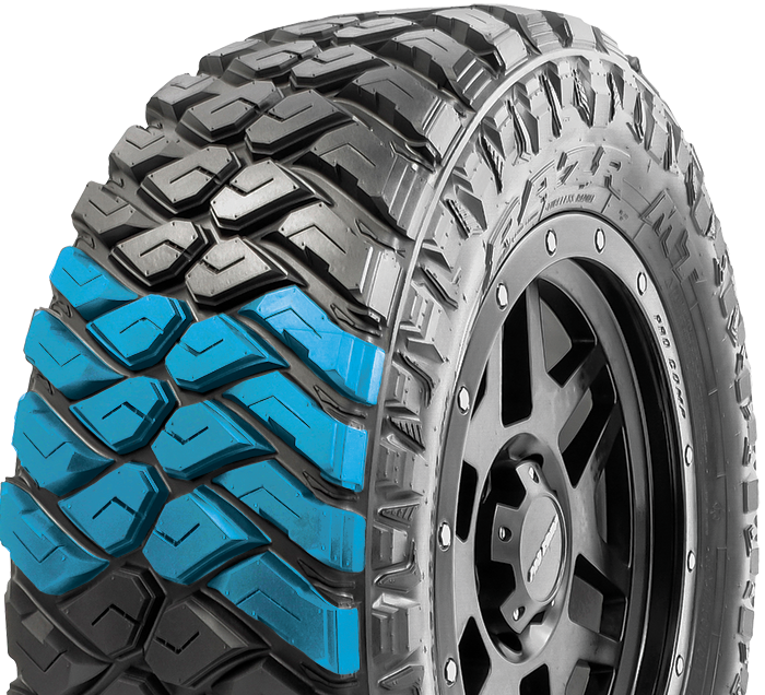 Maxxis RAZR MT tire design featuring deeply sculptured center blocks that maximize off-road traction while retaining a quieter ride.