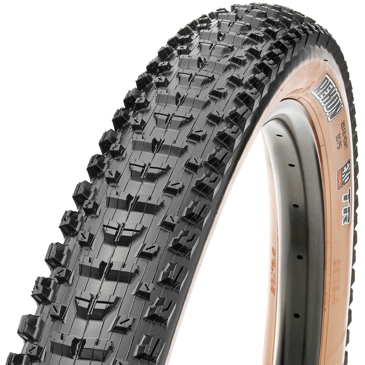 Maxxis Rekon bicycle tire with tan sidewall.