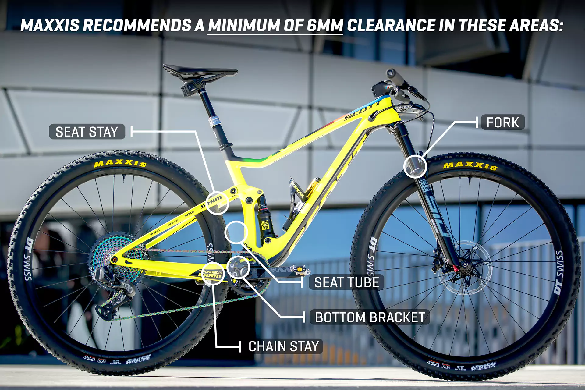Diagram of recommended 6 millimeter clearance for seat stay, fork, seat tube, bottom bracket, and chain stay.