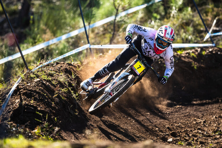 Santa Cruz DH rider hitting berm