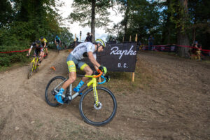 CX racers going around a curve single-file