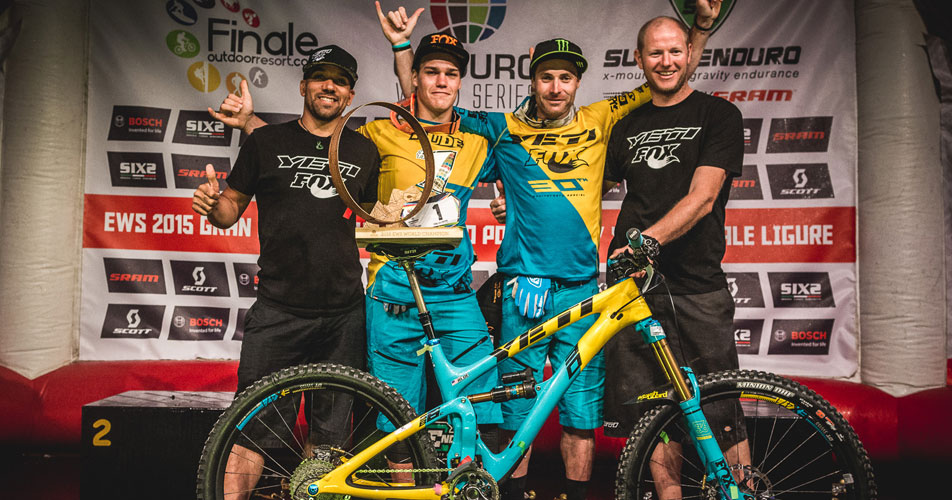 Yeti team posing on the EWS podium