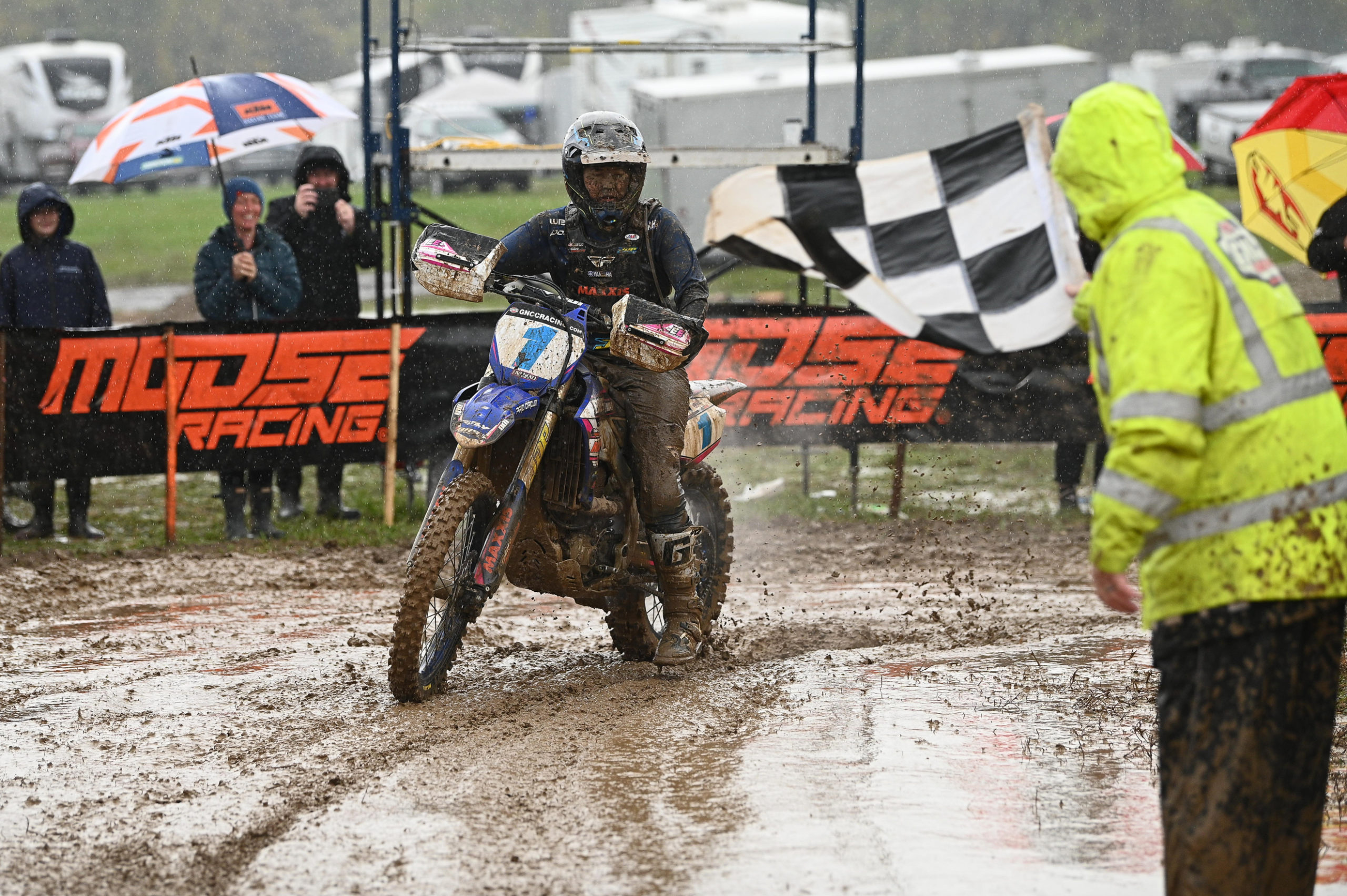 Becca Sheets crossing the finish line of the last GNCC of the year at Ironman MX.
