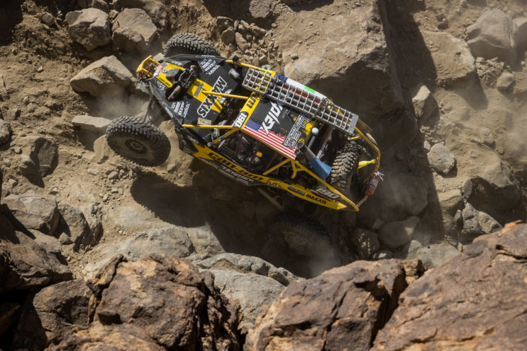 A bird's eye view of the top of Hunter Miller's SxS as he navigates a rock section at KOH