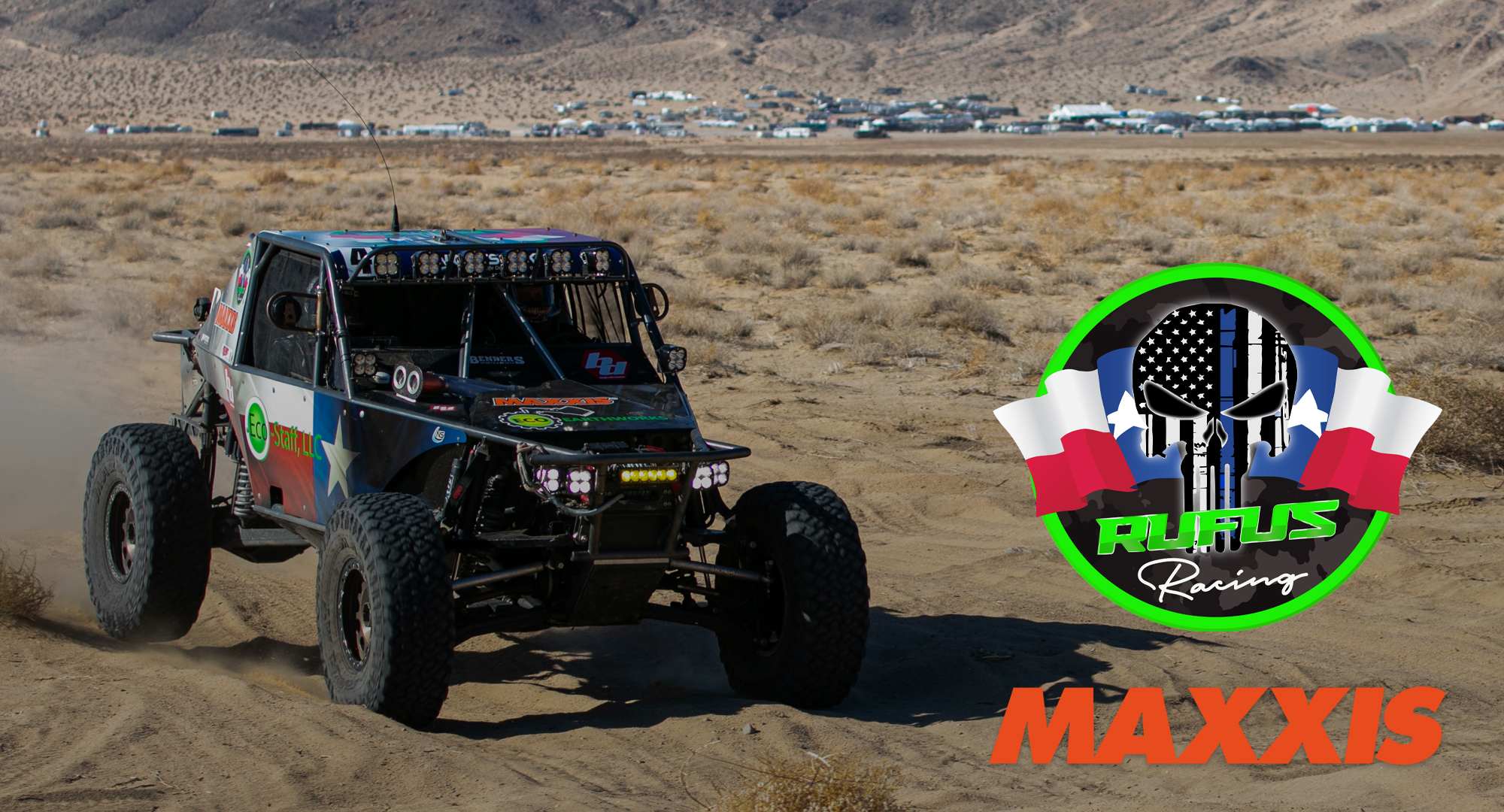 UTV racing through the desert with Maxxis and Rufus Racing logos