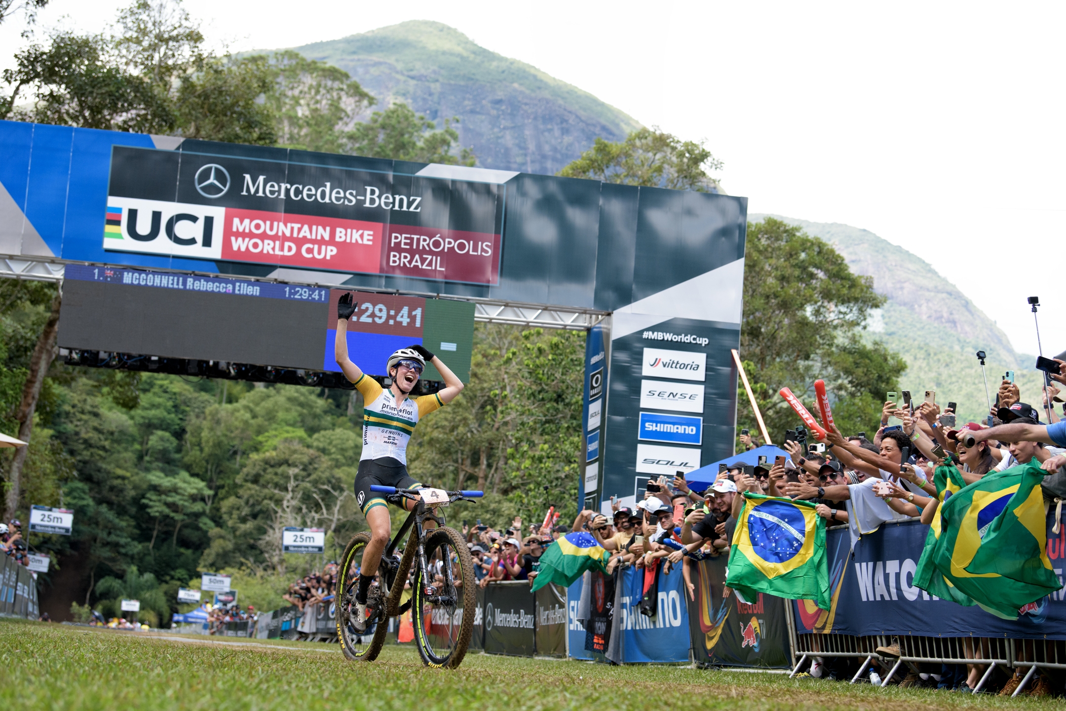 Rebecca McConnell celebrating in Brazil after her win