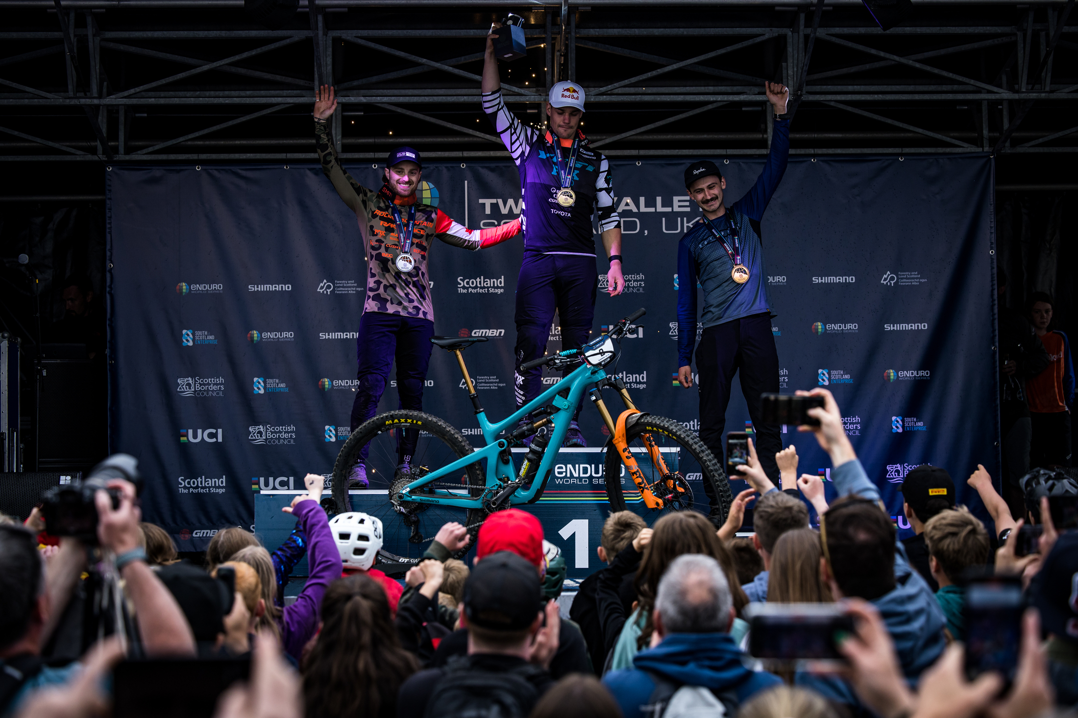 Elite Men's podium at EWS Tweed Valley