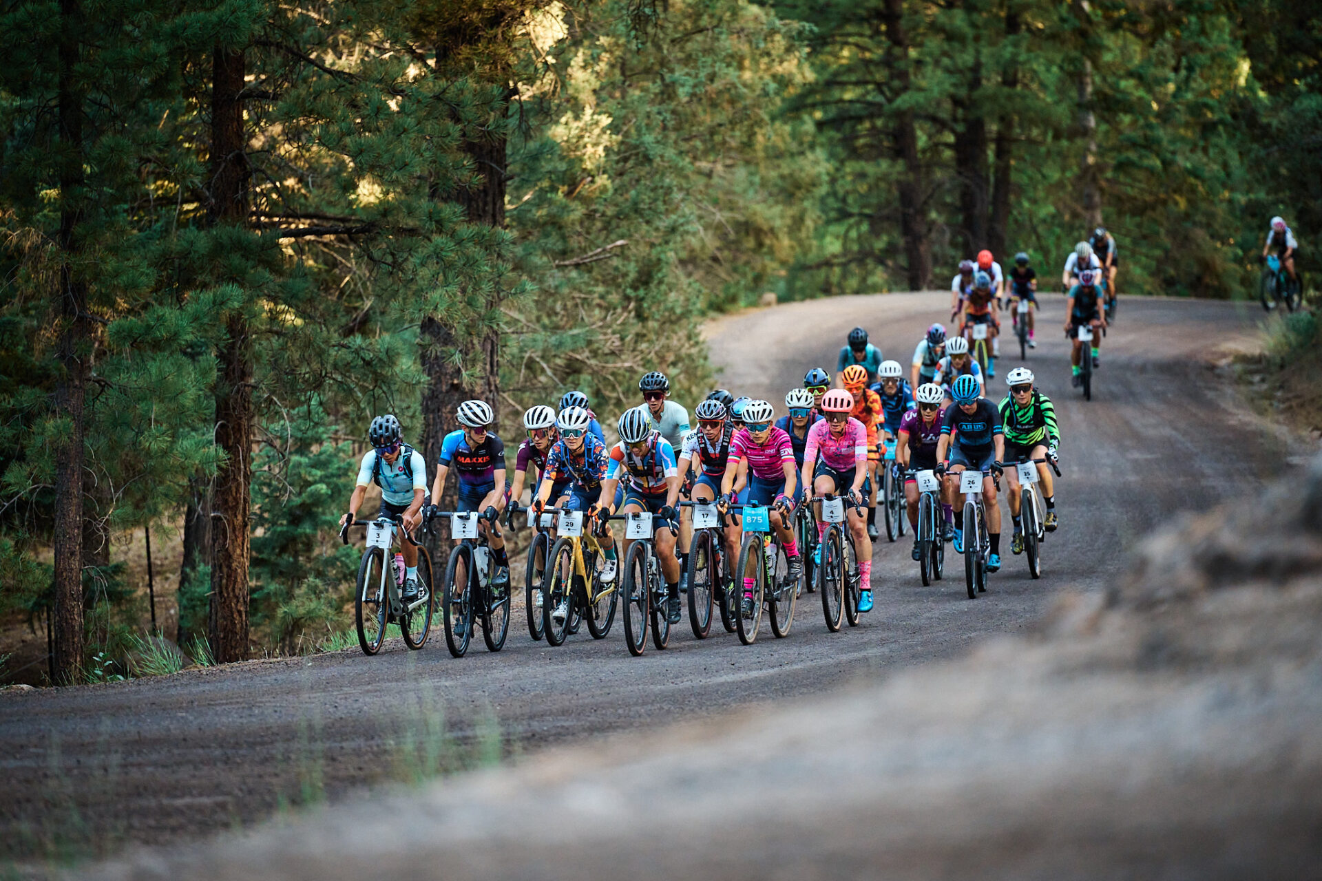 A group of riders climbs a gravel road.
