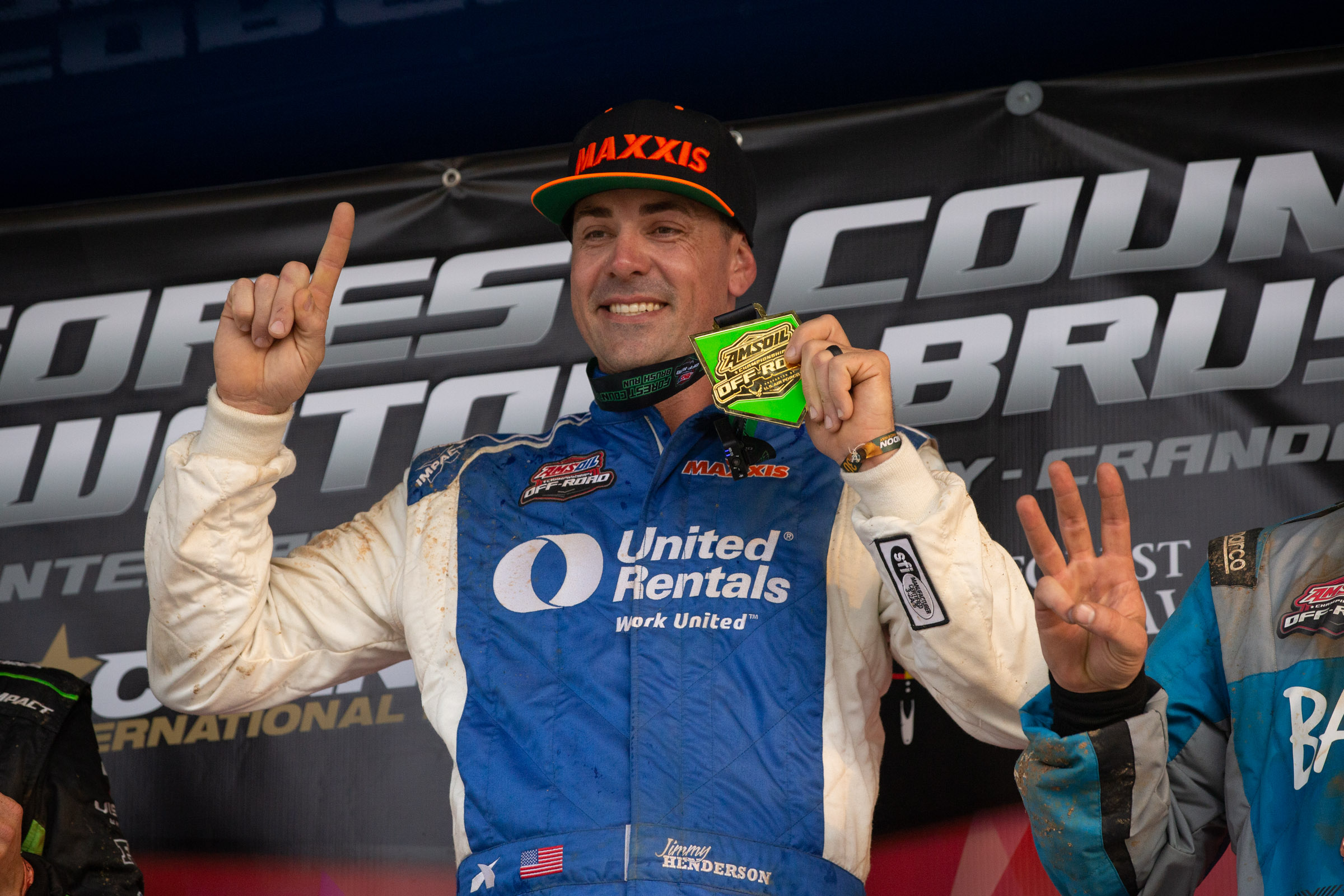 Jimmy Henderson celebrating his win at AMSOIL Championship Off-Road Rounds 3 and 4, held June 24-25 in Crandon, Wisconsin.
