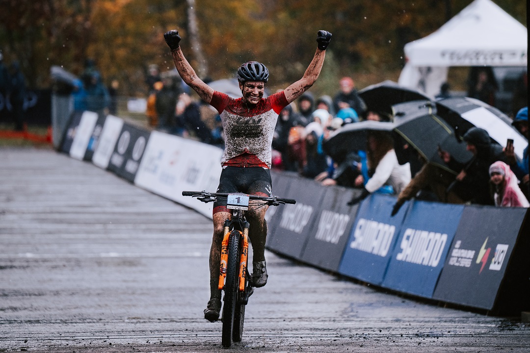 Ronja celebrating at the finish