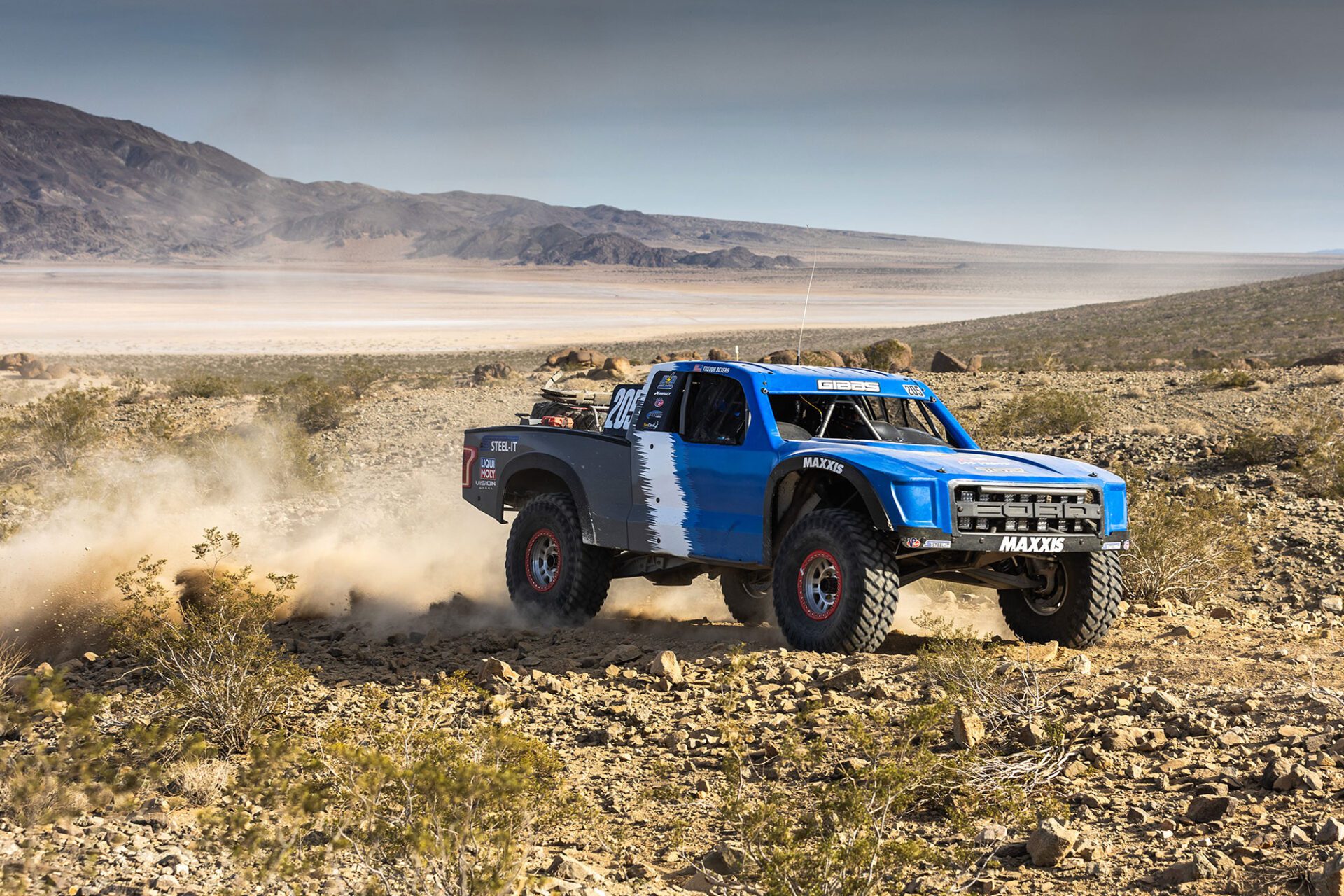 Truck racing in the King of the Hammers Desert Challenge.