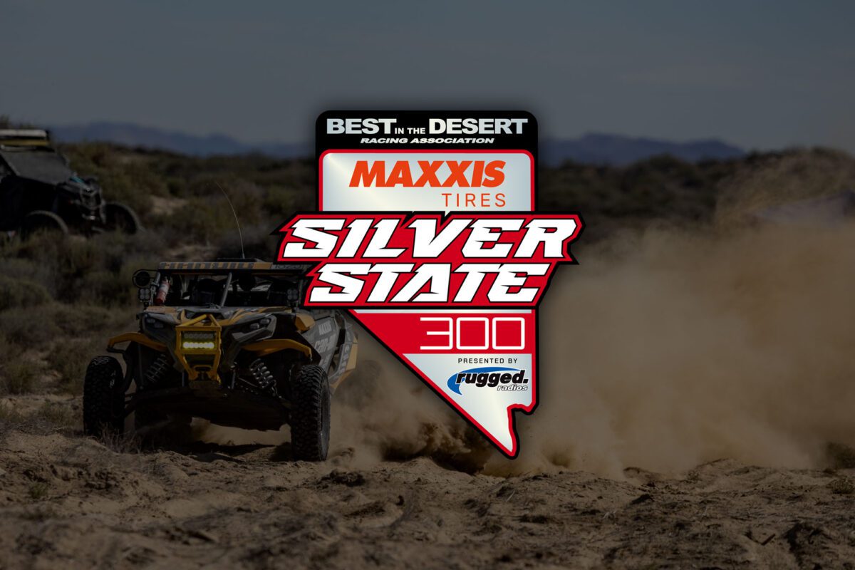 SxS racing through the desert with Maxxis Tires Silver State 300 logo.