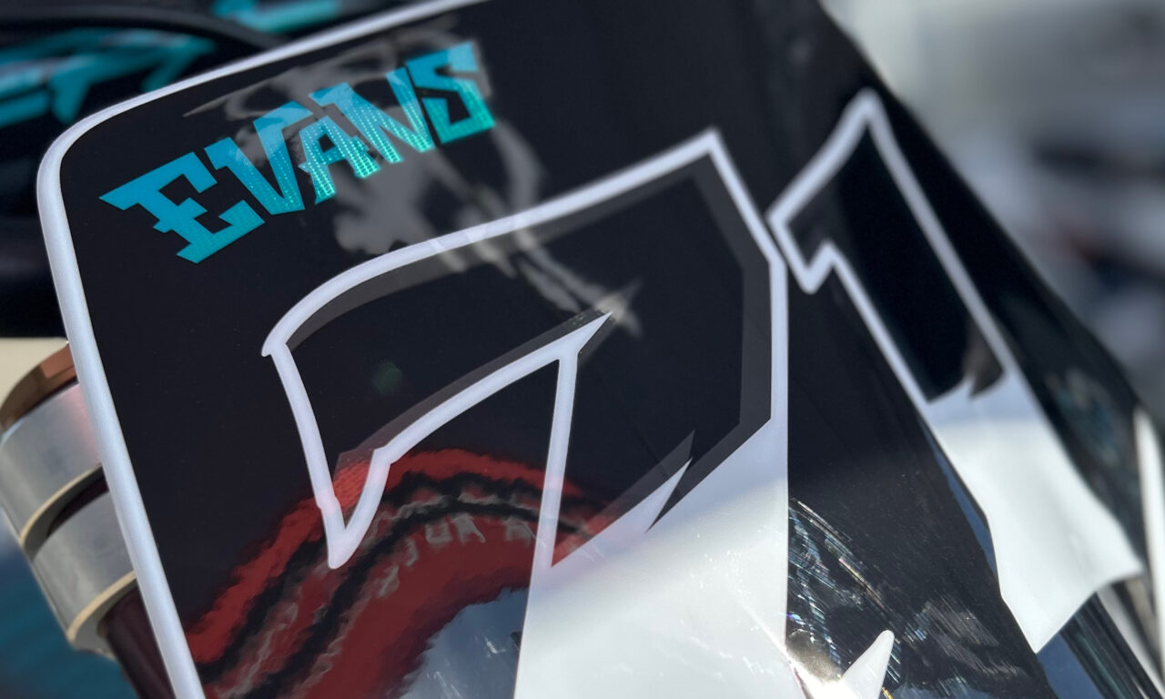 Patrick Evans front number plate of his Stark Varg dirt bike. 