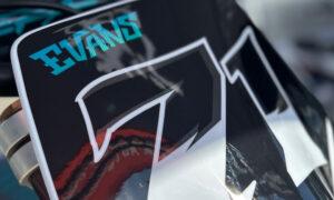 Patrick Evans front number plate of his Stark Varg dirt bike. 