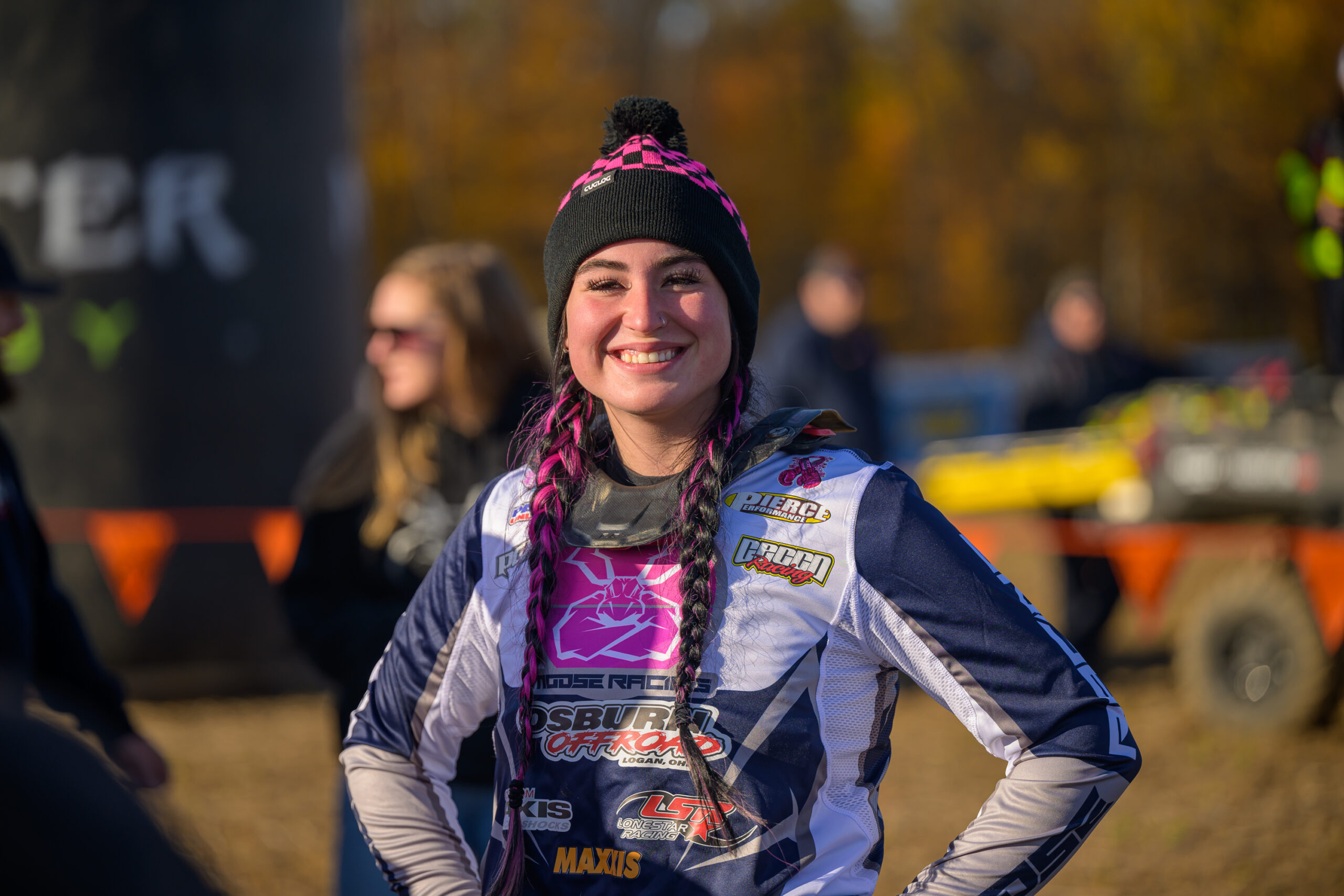 Chloe Harper celebrating a GNCC WXC win.