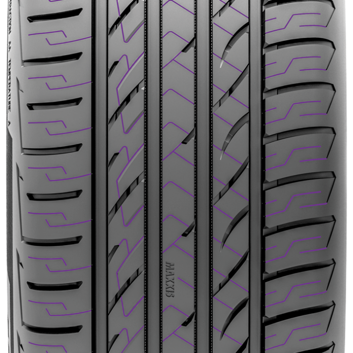 Tight tread shot of a tire with purple colored tread.