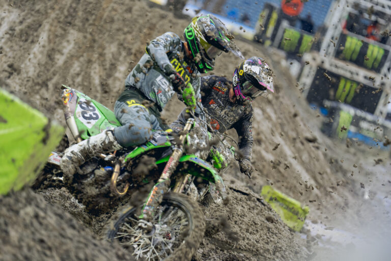 Freddie Noren racing through the sloppy mud at Foxborough SX.