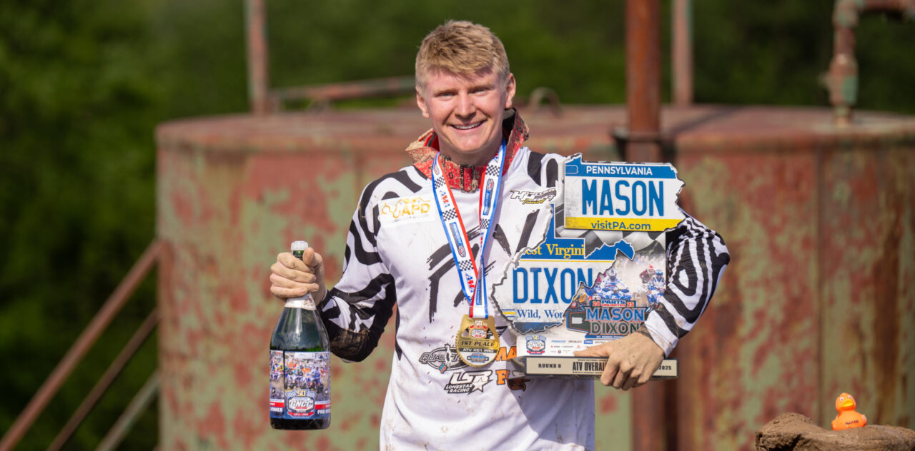 GNCC Maxxis athlete Hunter Hart adorning all his trophies and medals from his win at the Mason Dixon GNCC.