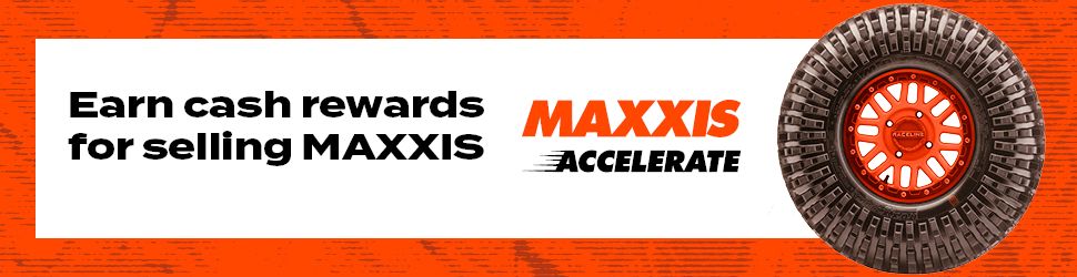 A graphic advertising the AIMExpo and the Maxxis booth number for the event. Bright pastel background with bold lettering.