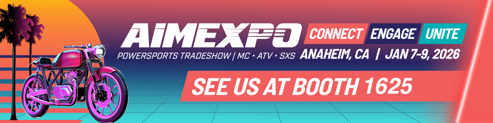 A graphic advertising the AIMExpo and the Maxxis booth number for the event. Bright pastel background with bold lettering.