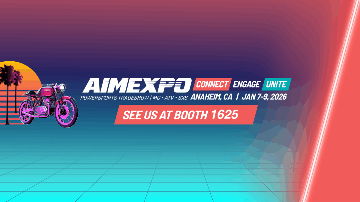 A graphic advertising the AIMExpo and the Maxxis booth number for the event. Bright pastel background with bold lettering.