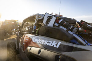 red and black Kawasaki with a bold number one on the side plate.