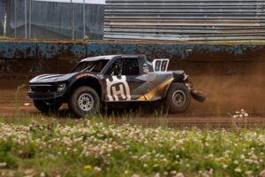 truck 88 sliding sideways through a sweeping left turn.