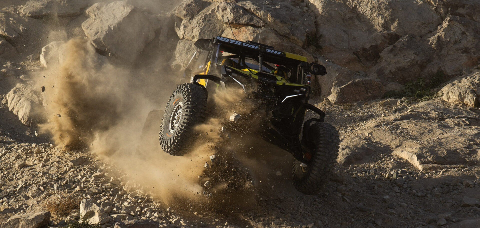 Kyle Chaney blasting through loose rock in Johnson Valley