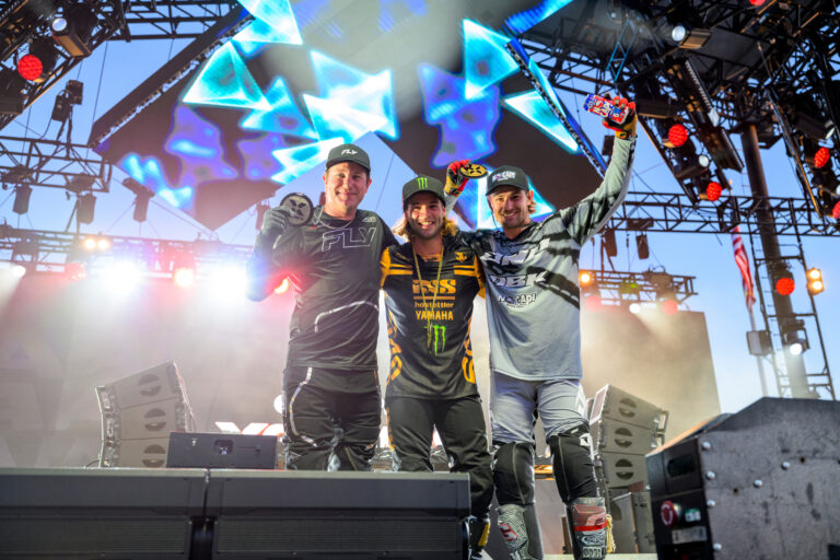 WYO celebrating with fellow podium finishers on stage after X Games Sacremento.