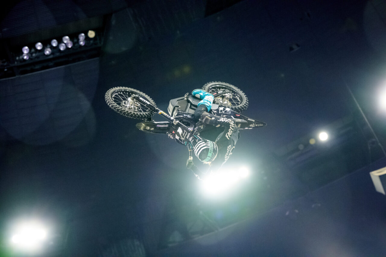 Pat Evans midflight and upside down inside the Superdome.
