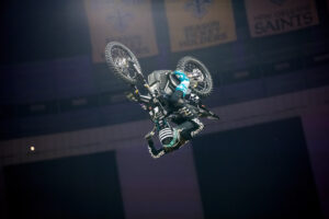 Pat Evans midflight and upside down inside the Superdome.