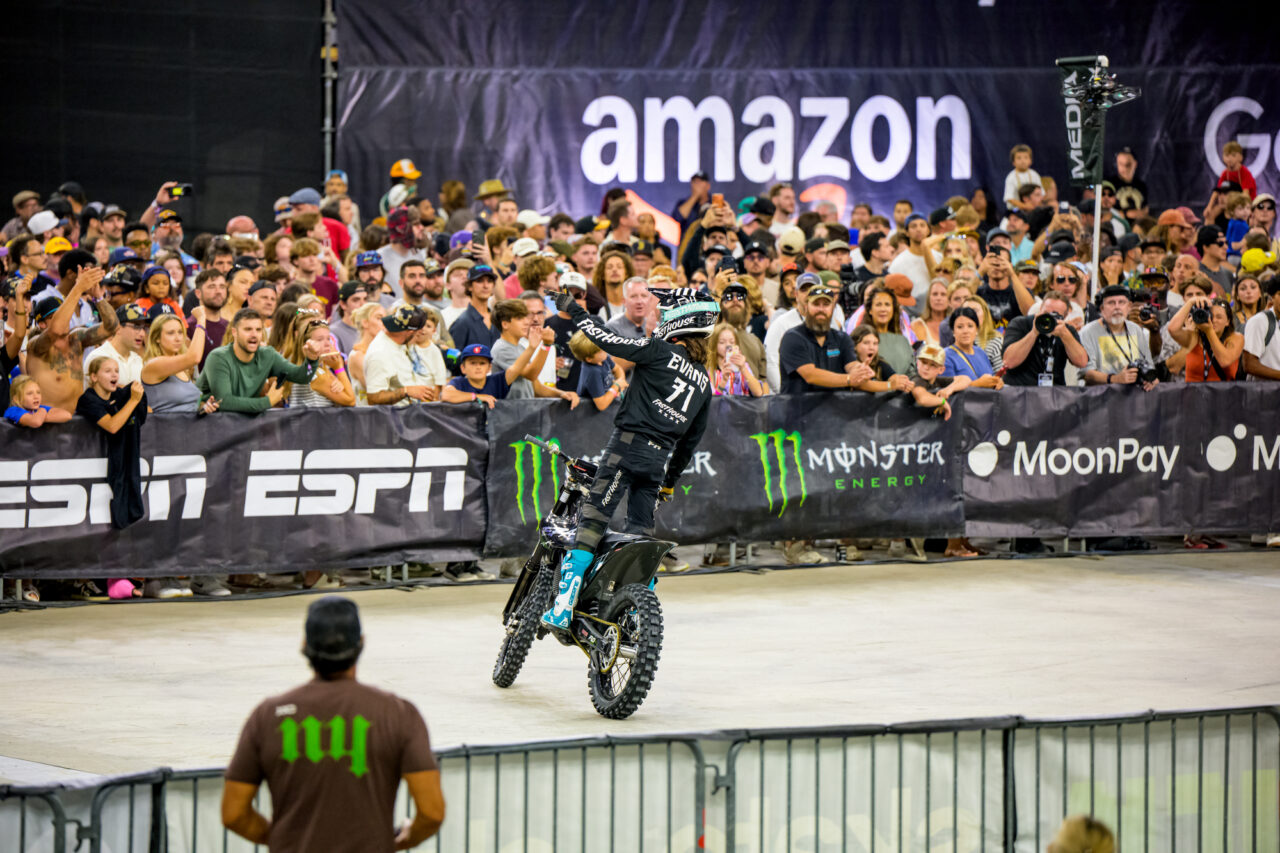 Pat evans on his Stark gesturing to the crowd to amp them up during the Best Trick Competition.